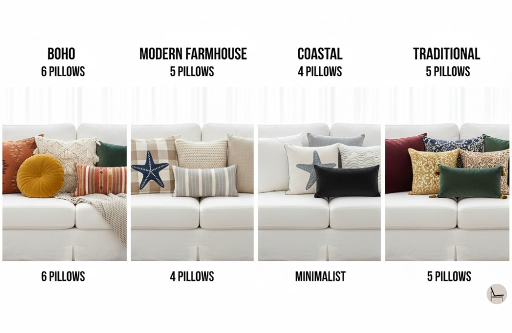 Designer pillow arrangement formulas by style for arranging pillows on a couch including boho, farmhouse, and coastal aesthetics