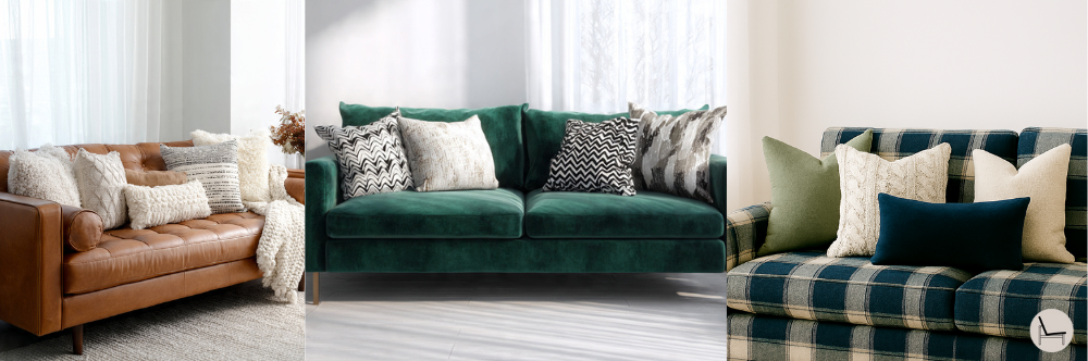 arranging throw pillows on different fabric sofas to show how to properly style a couch