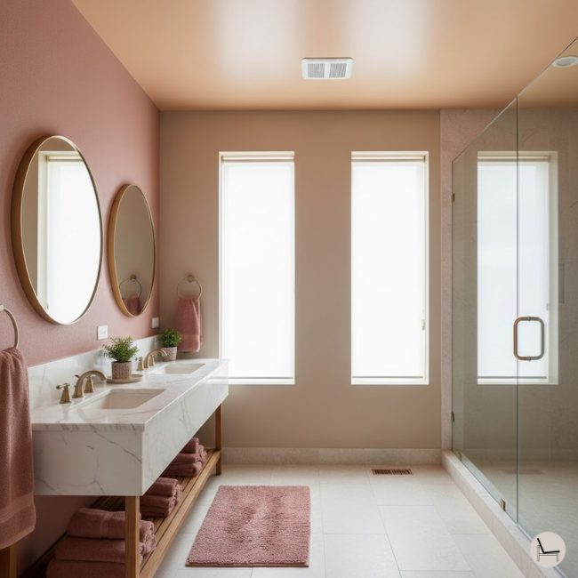 Bathroom with a dusty rose color spread around on the accessores like towesl and accent wall