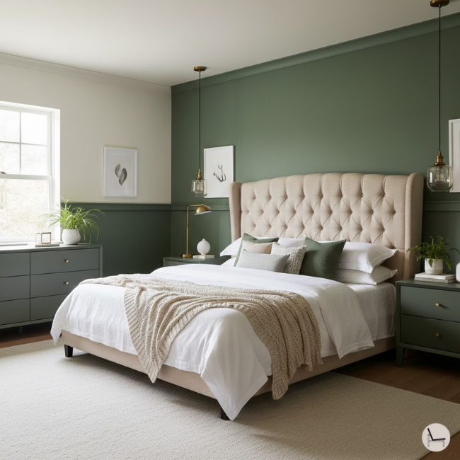 tradtitional bedroom with a forest green accent wall for a trendy look