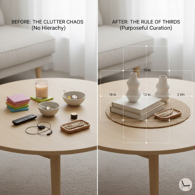 before and after transformation using the interior design rule of thirds styling a coffee table