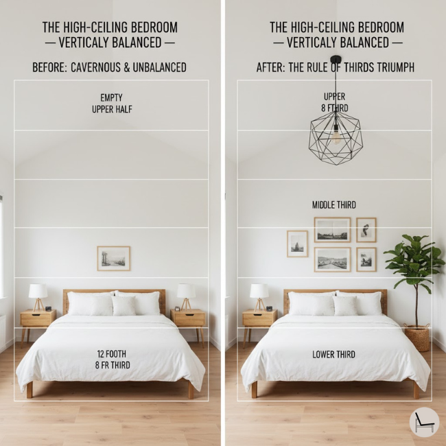 before and after transformation using the interior design rule of thirds dealing with high ceilings