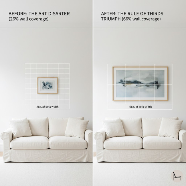 before and after transformation using the rule of thirds in a living room