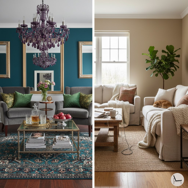 Comparison of trendy magazine-styled room versus livable home with beige wall paint color showing real-world functionality
