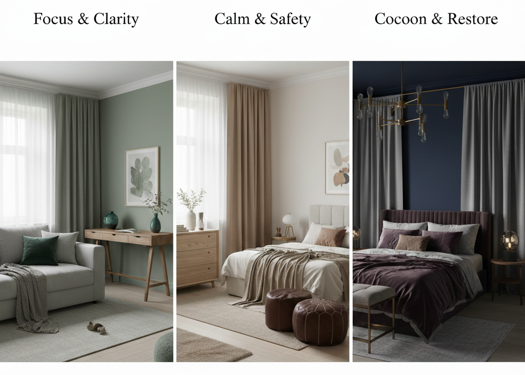 2026 color of the year coordinating palette examples showing Behr Hidden Gem with terracotta accents, Universal Khaki with navy blue, and Silhouette with dusty rose