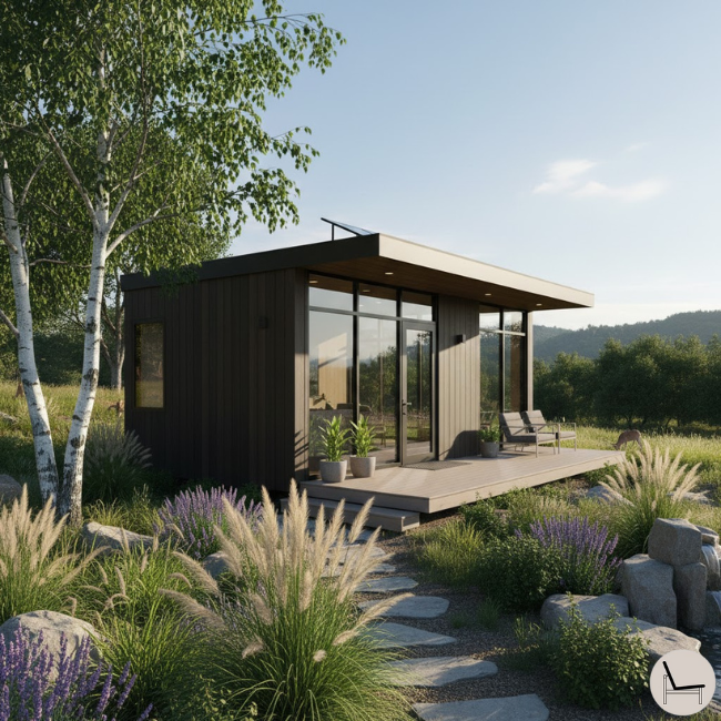 black exterior amazon tiny home with a deck and professional landscaping