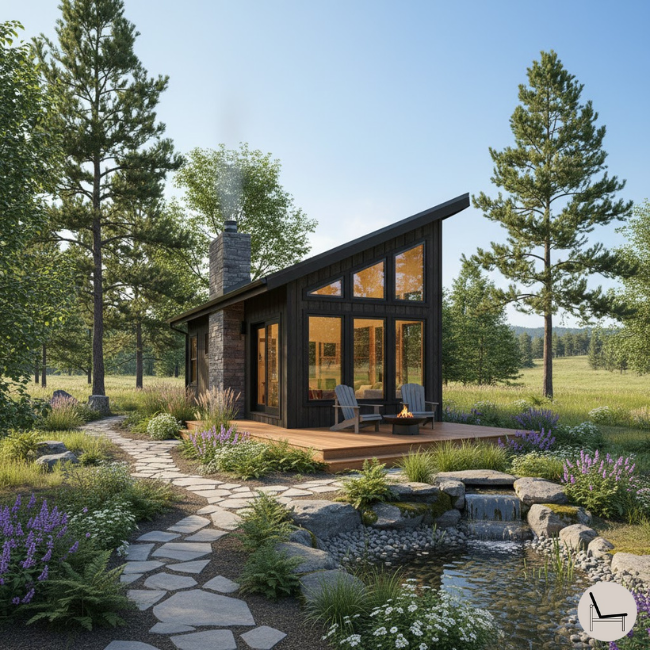 cabin style amazon tiny home with professional landscaping