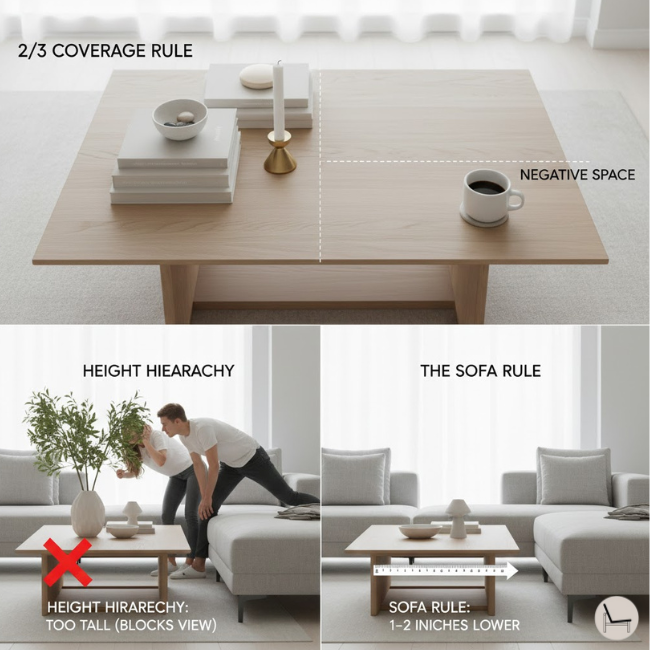 how style a coffee table with accessories in different Height, Scale, and Visual Weight