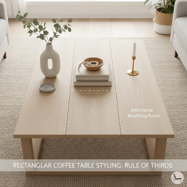 Rectangular coffee table styling layout showing asymmetrical balance using the rule of thirds