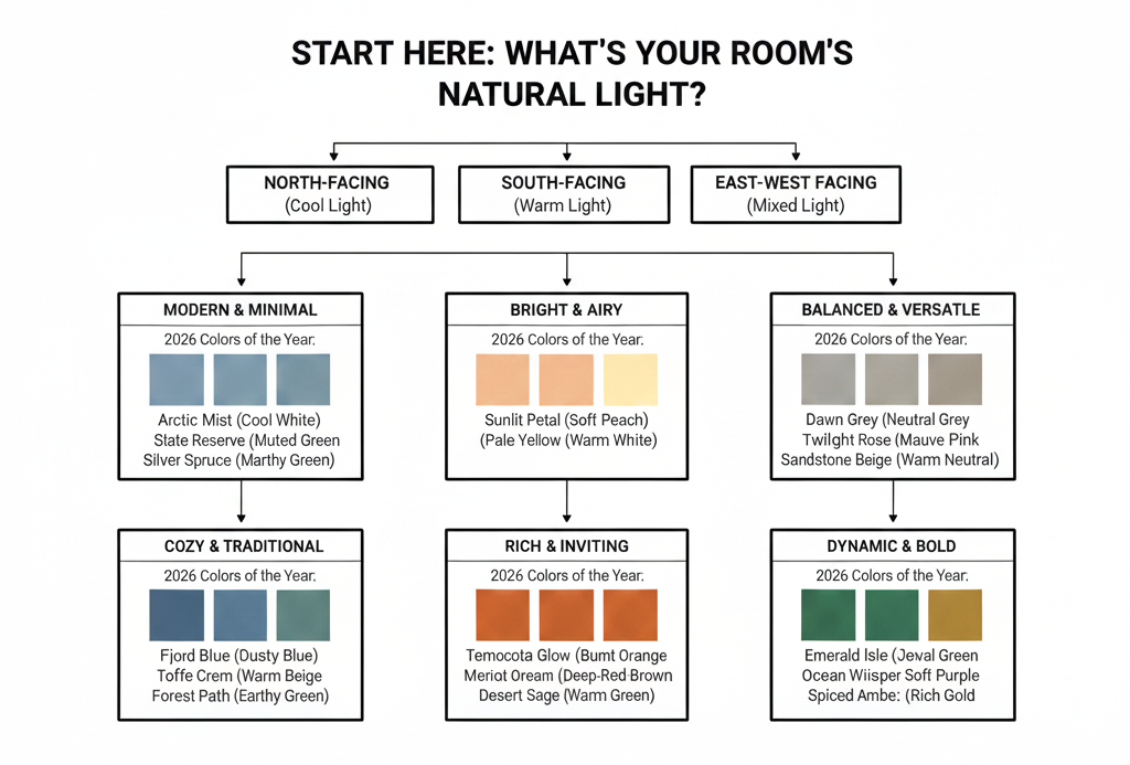 2026 color of the year decision tree helping homeowners choose between paint colors based on lighting and style preferences