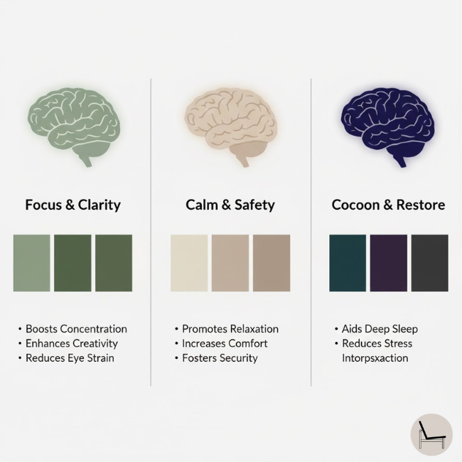 Color psychology chart showing how 2026 paint colors affect mood and wellbeing including green, neutral, and deep tone benefits