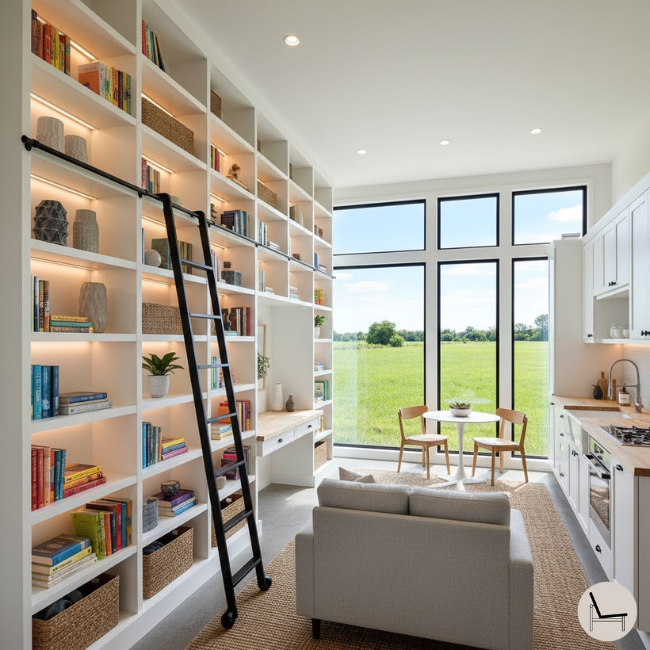 tiny home with vertical storage solutions using white bookcases