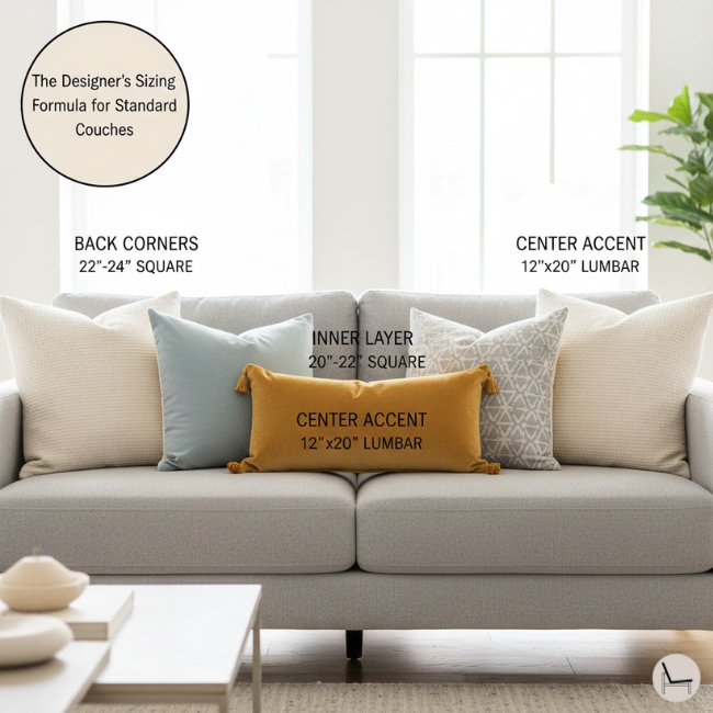 designer's sizing formula to arrange throw pillows on a standard couch