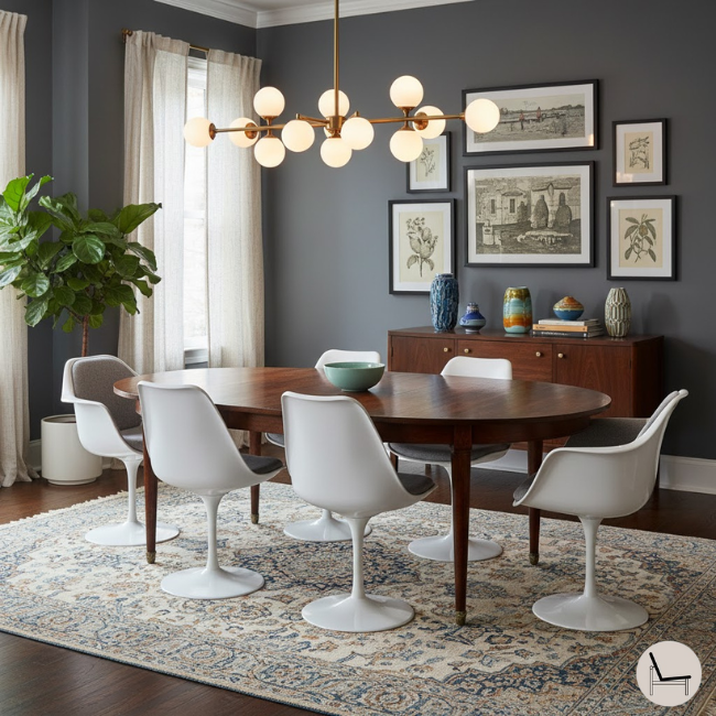 eclectic dining room with with white tulip arm chairs