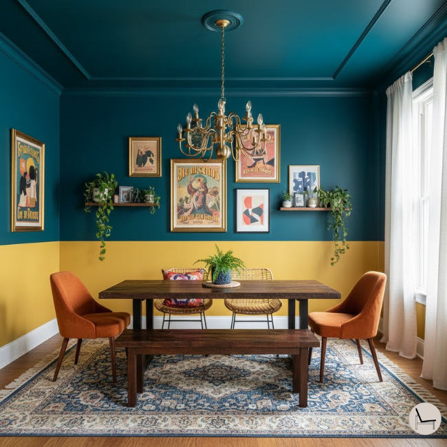eclectic dining room using the new color trend, color capping