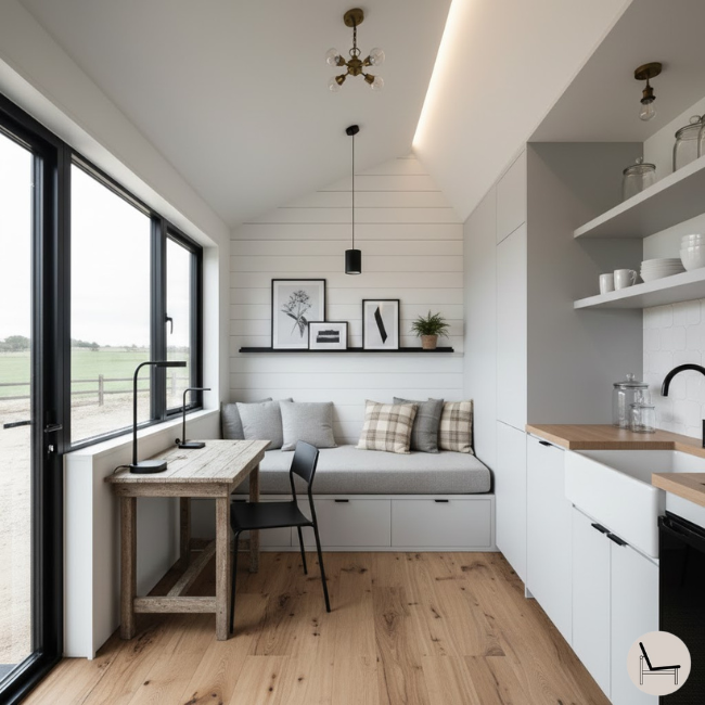 farmhouse-tiny-home-with-desk-seating-area