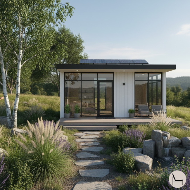 white farmhouse style amzon tiny home with professional landscaping and a deck