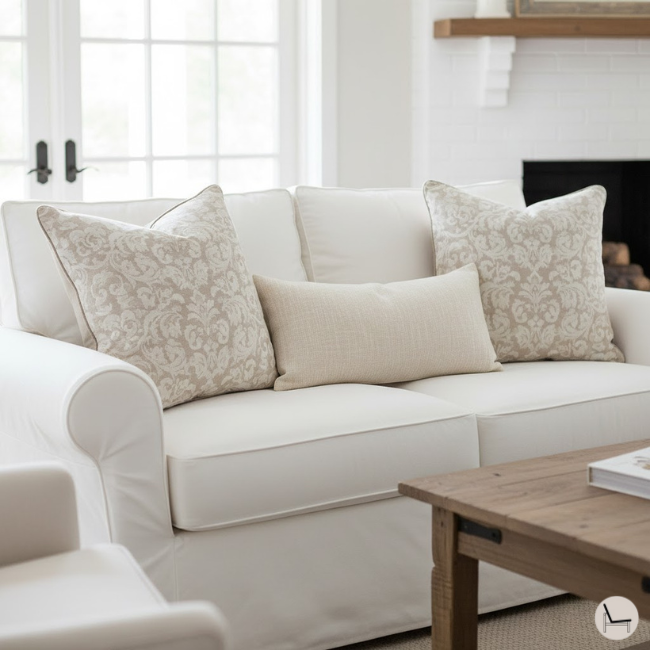 Loveseat formula showing how to arrange three throw pillows on a loveseat without over crowding the loveseat