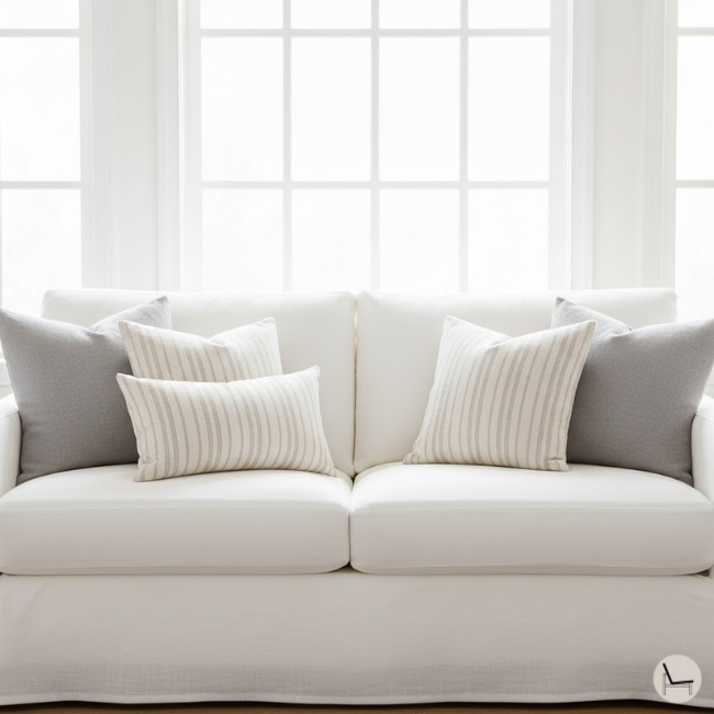 showing how to arrange throw pillows on a sofa bed