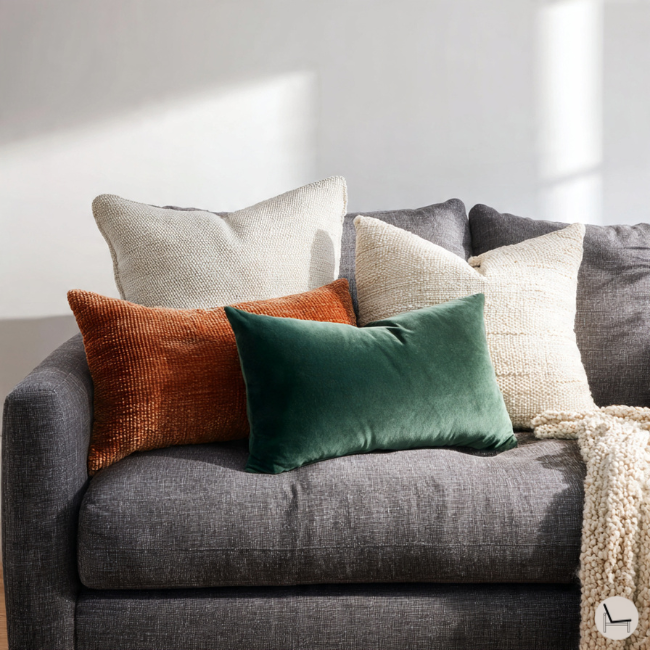 showing how to arrange throw pillows on a couch, coordinating color and texture following the 60-3-10 design rule