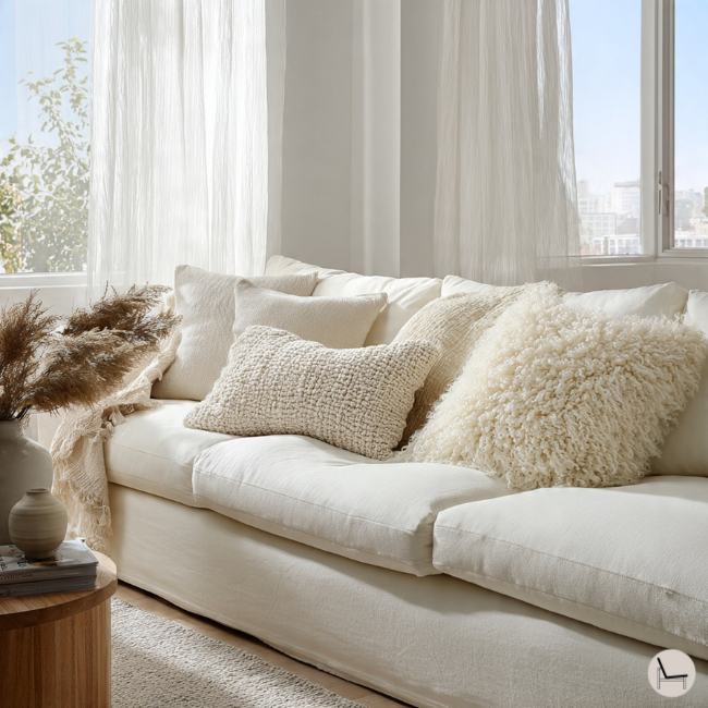 showing how to style a couch with throw pillows coordinating three different textures. Velvet, fur and cotton.
