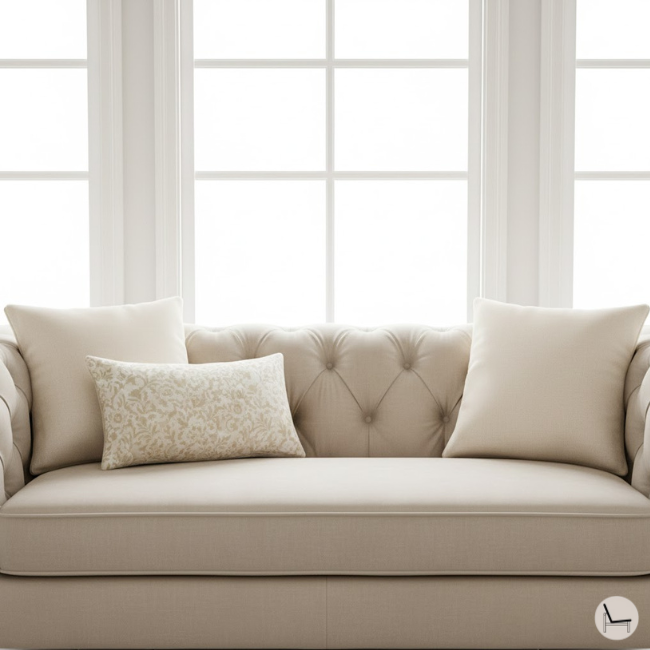 showing how to arrange throw pillows on a deep chesterfield, tufted couch