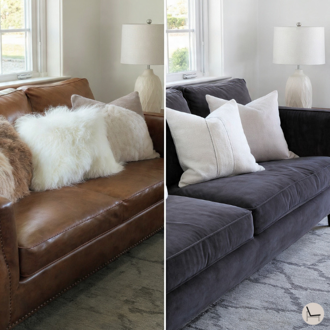 showing how to arrange throw pillows on different sofa fabrics such as leather and velvet