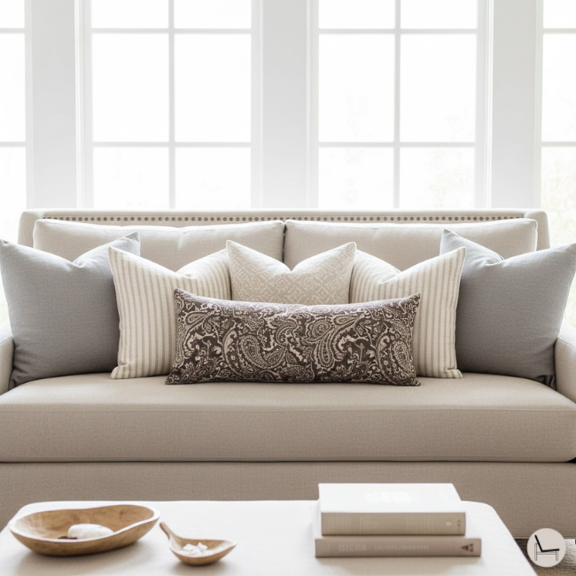 a tight back couch showing how to arrange throw pillows for comfort and style