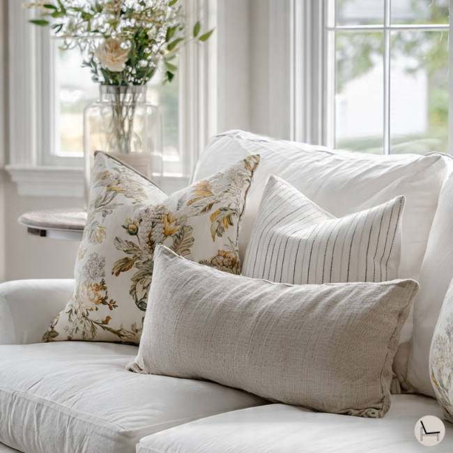 Pattern mixing guide for arranging pillows on a couch showing large, medium, and small scale prints