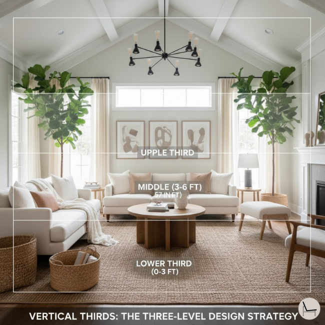 how to use the interior design rule of thirds in vertical thirds in a farmhouse living room