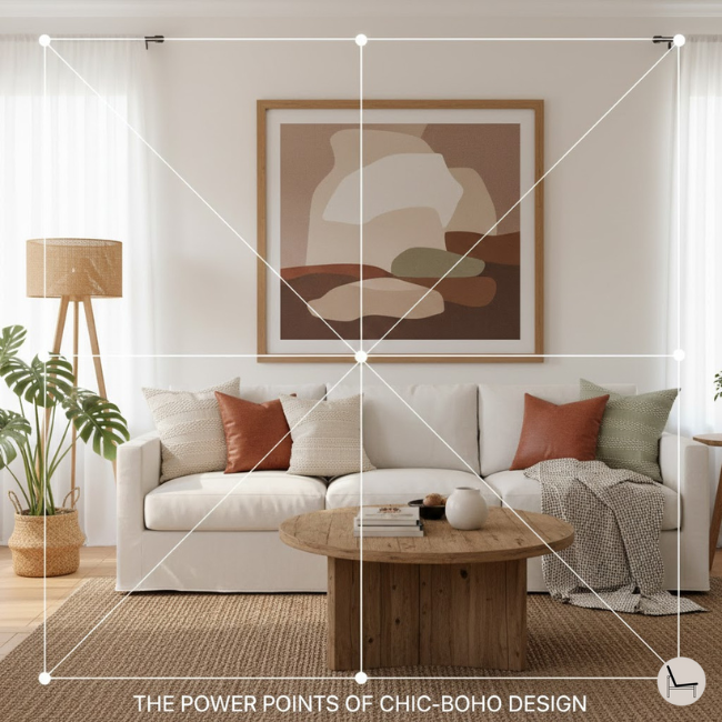 Interior design rule of thirds applied to wall art placement above sofa with power points highlighted in a chic boho living room