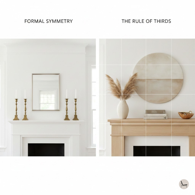 Comparison of symmetrical vs. rule of thirds décor arrangement showing visual movement