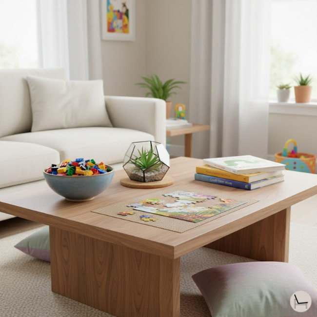 kid-friendly coffee table styling tips with a bowl full of legos, a puzzle and kid books