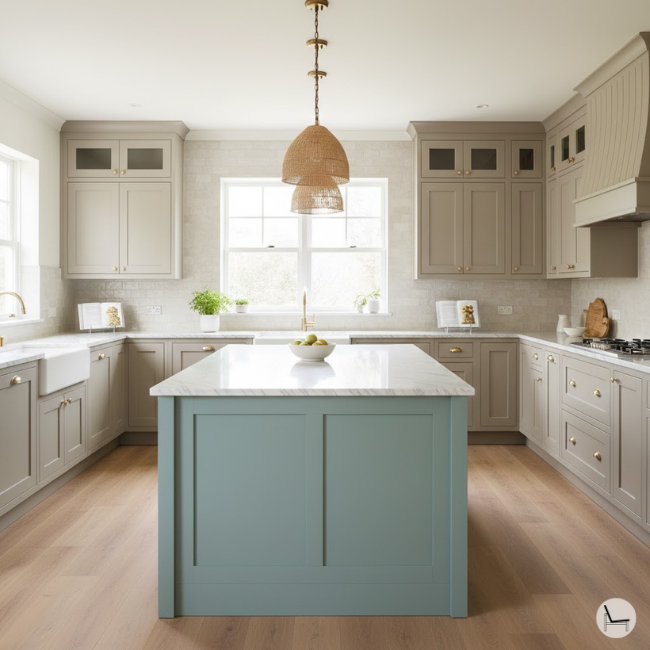 traditional kitchen with two tone cabinet color. Island is painted in sea glass color
