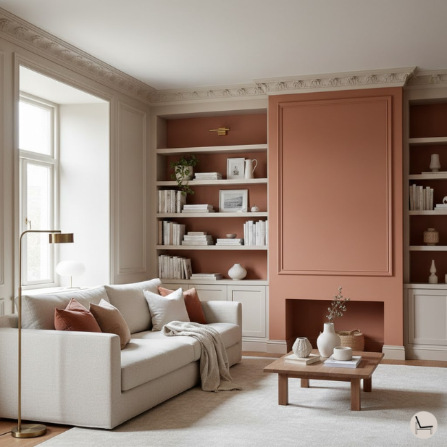 living room with earthy color palette with main accen wall painted in terrecotta