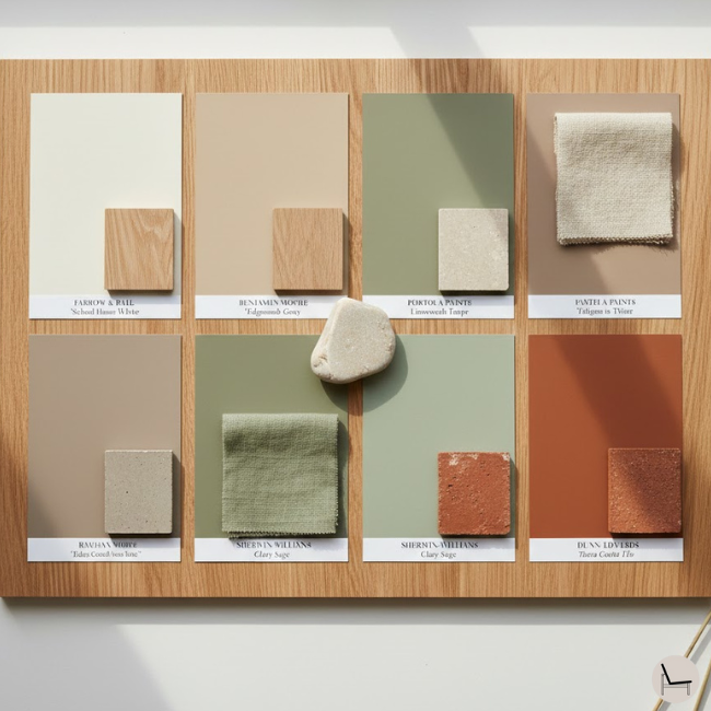 Modern organic color palette featuring Benjamin Moore White Dove, Gray Owl, sage green, and terracotta with natural material samples