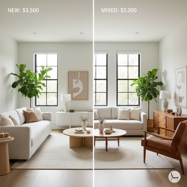Comparison of modern organic room with all-new furniture versus room mixing vintage pieces showing cost savings and added character