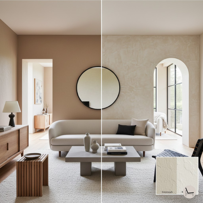 Before and after comparison of standard doorway versus arched doorway in modern organic interior with limewash textured walls