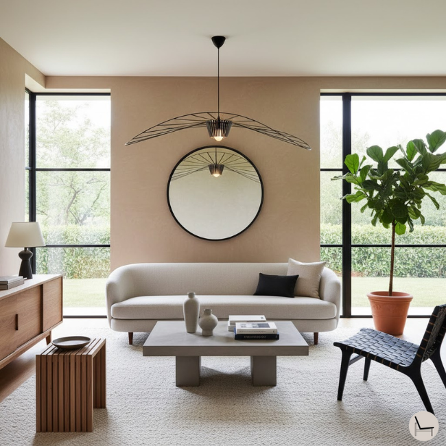 Modern organic living room demonstrating strategic black accents with matte black fixtures against warm neutrals and natural wood