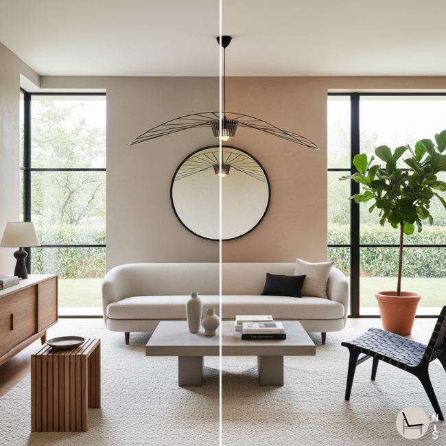Comparison showing modern organic room with warm neutral paint versus cool neutral paint demonstrating undertone impact based on natural light direction]