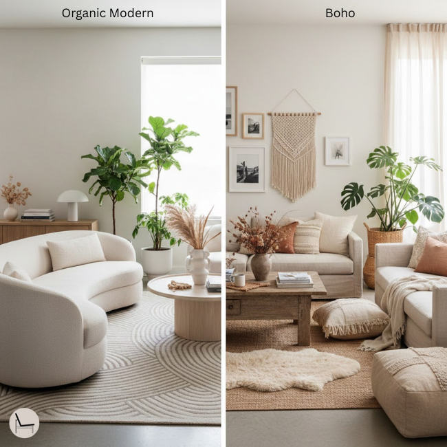 organic modern living room showing the difference Vs other decor styles like boho