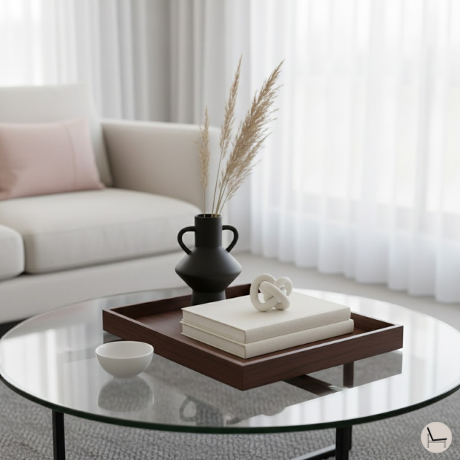 round glass coffee table professionally styled with a table tray and books and a black vase