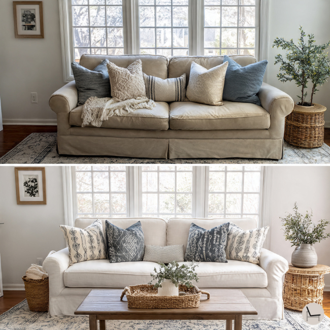 Family-friendly pillow arrangement for daily use showing functional three-pillow setup for arranging pillows on a couch