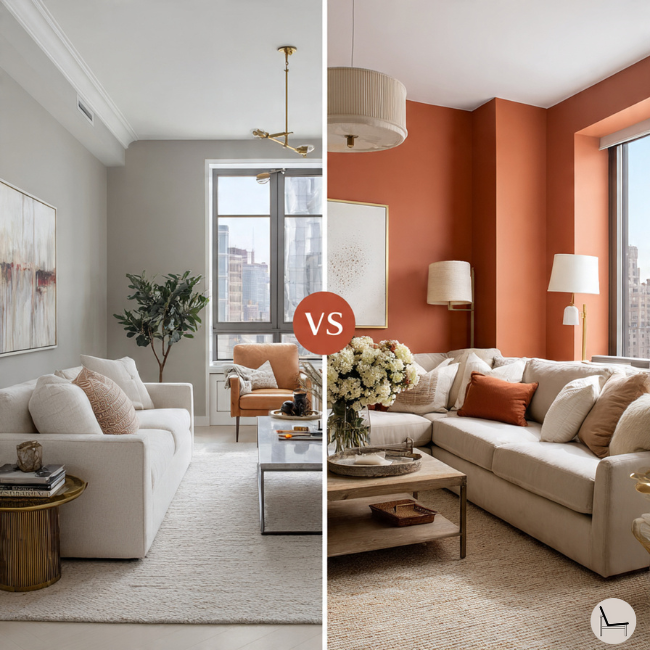 2026 color palette trends warm terracotta living room versus outdated gray interior design comparison]
