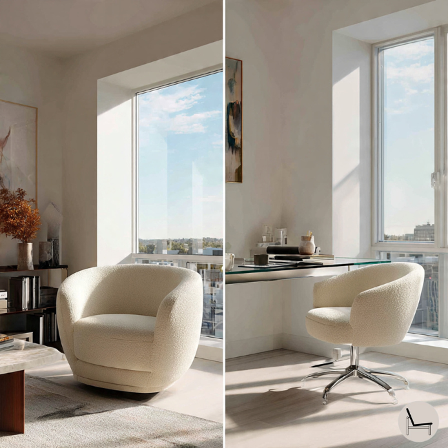 Comparison of office ergonomic swivel chair versus living room decorative swivel chair showing design differences