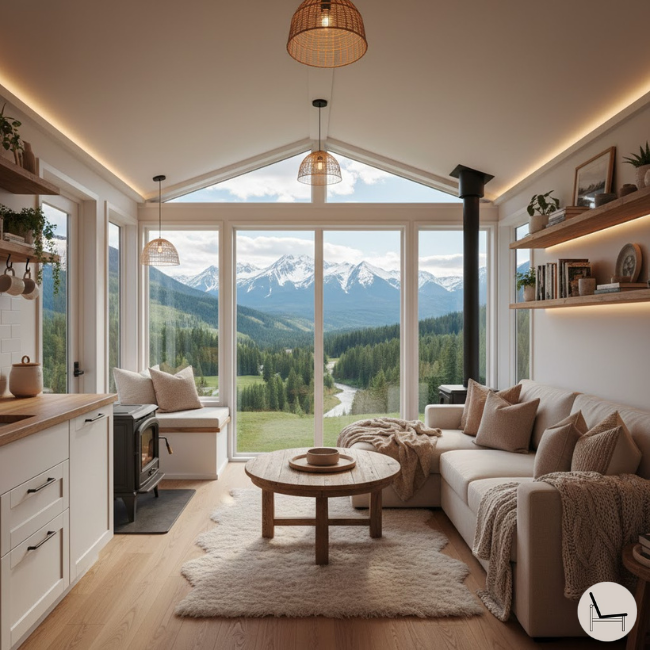 decor tips for a tiny home with l-shape small sofa and mountain view