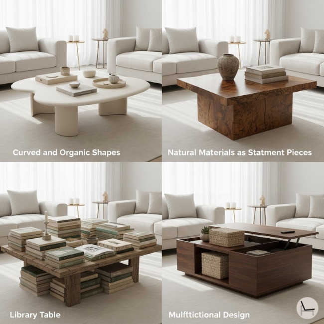 Four trending coffee table styling approaches for 2025-2026 including curved designs and natural materials