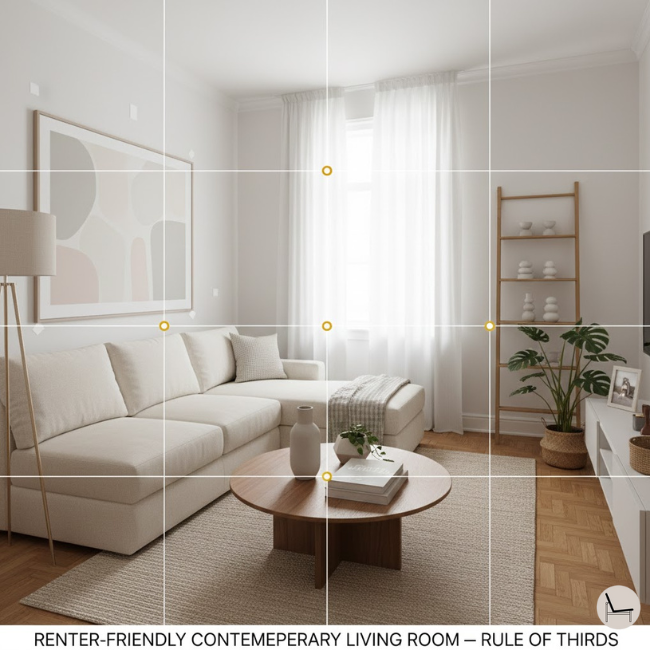 Renter-friendly interior design rule of thirds using removable wall art