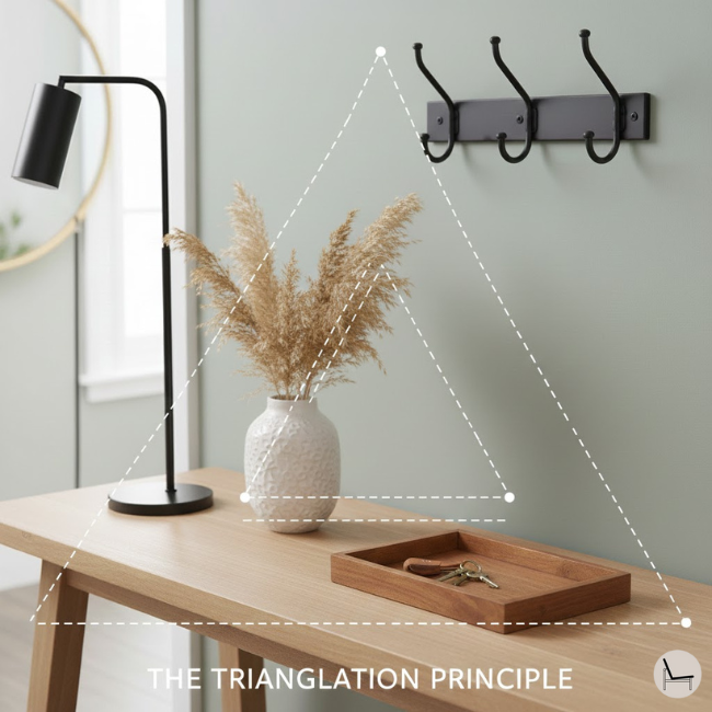 Entryway table triangulation styling technique showing high-medium-low placement forming visual triangle