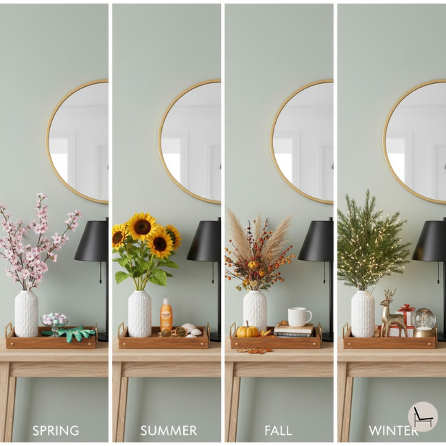 80/20 entryway capsule styling showing permanent elements with seasonal 20% swaps for spring, summer, fall, winter